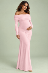 Abito maxi premaman rosa in mesh arricciato con scollo Bardot