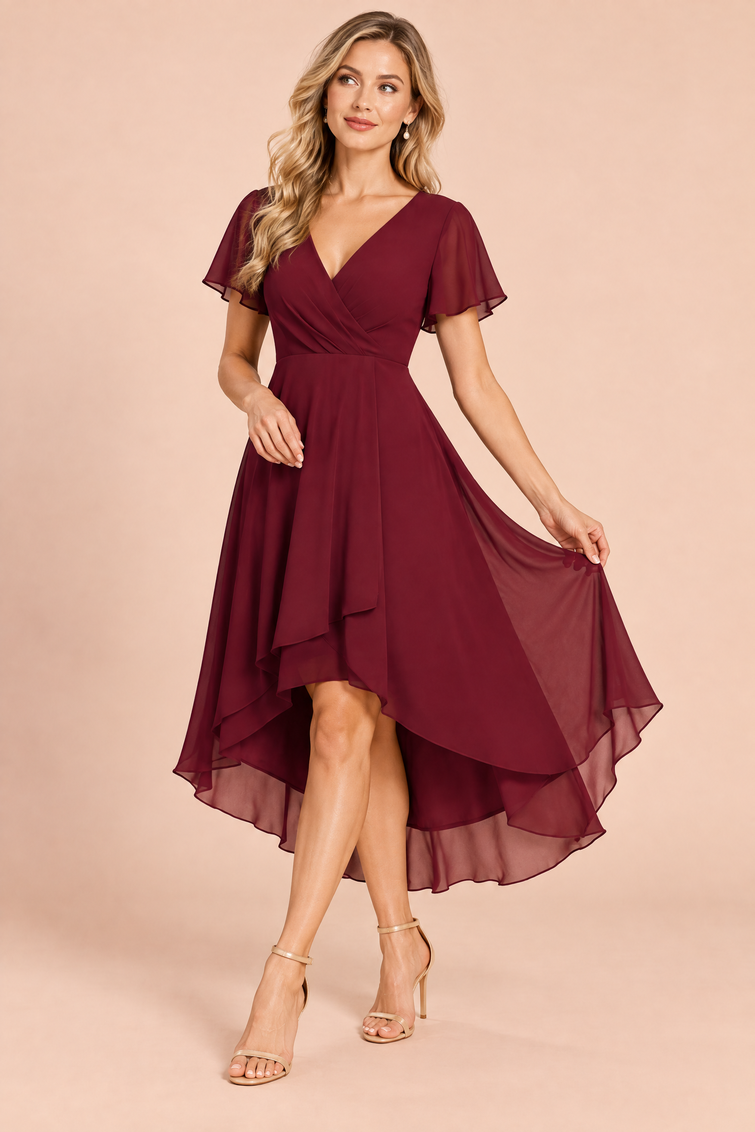 Robe bordeaux à manches volantées et ourlet asymétrique | Vue de dos | Lounelle Paris