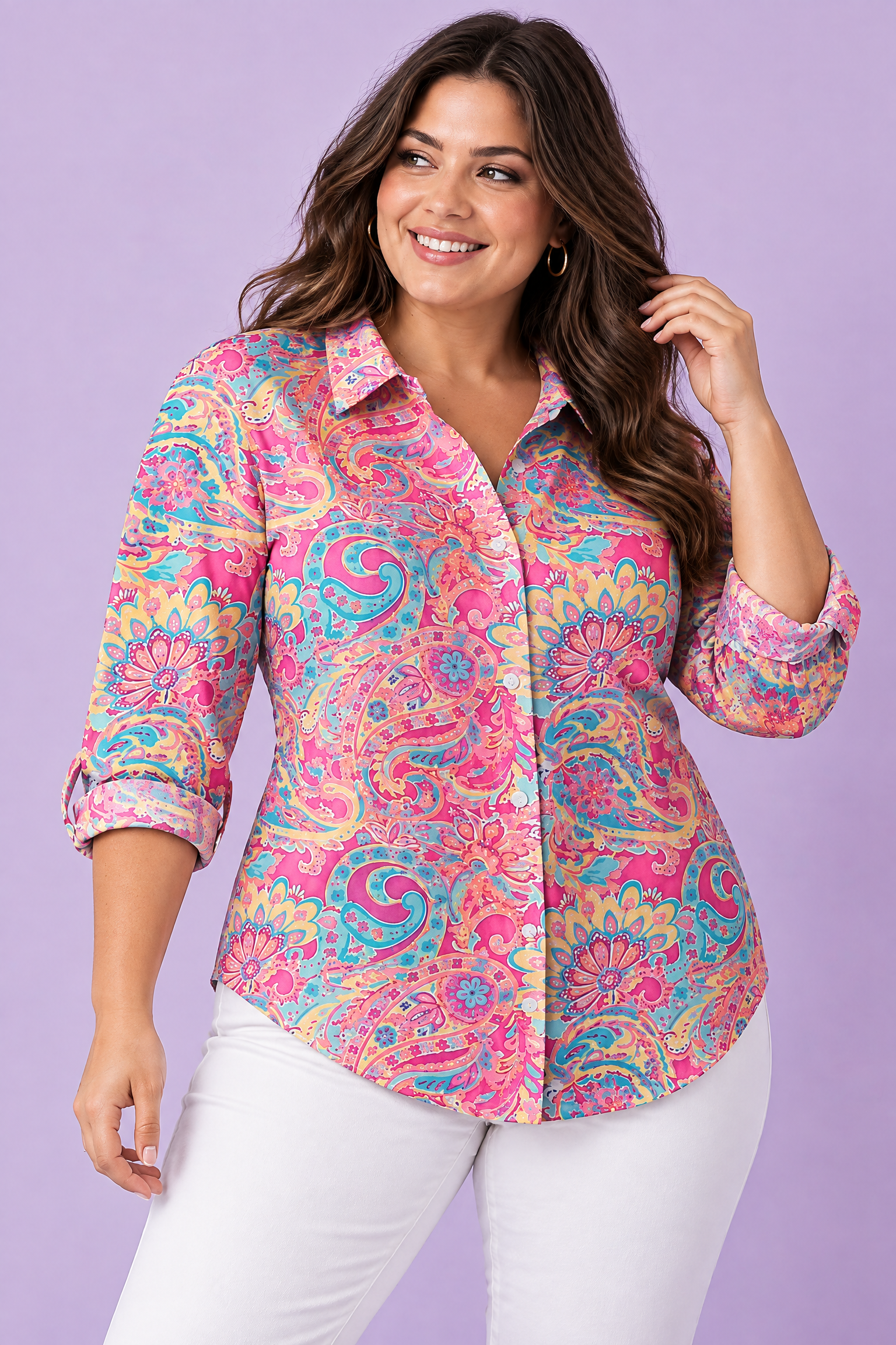 Chemise rose à imprimé floral | Porté sur une autre silhouette | Lounelle Paris