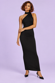 Robe longue noire à encolure asymétrique, avec col | Vue de face | Lounelle Paris