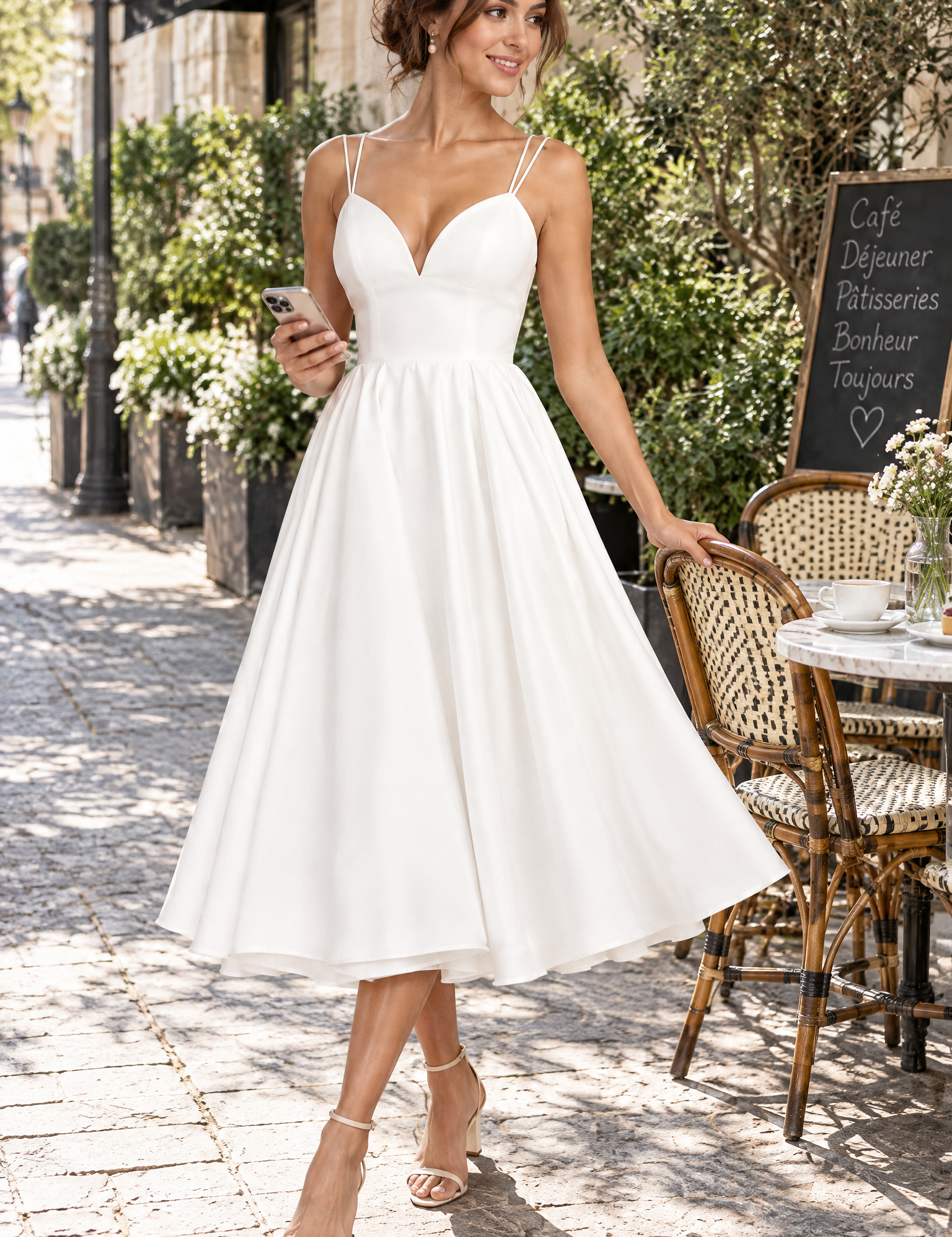 Robe midi blanche à fines bretelles et jupe ample | Photo lifestyle | Lounelle Paris