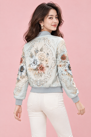 Bomber bleu clair fleuri orné de perles | Vue de dos | Lounelle Paris
