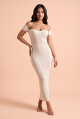 Abito midi bianco panna con scollo cut-out e maniche corte