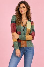 Haut vert zippé à imprimé patchwork | Vue rapprochée | Lounelle Paris