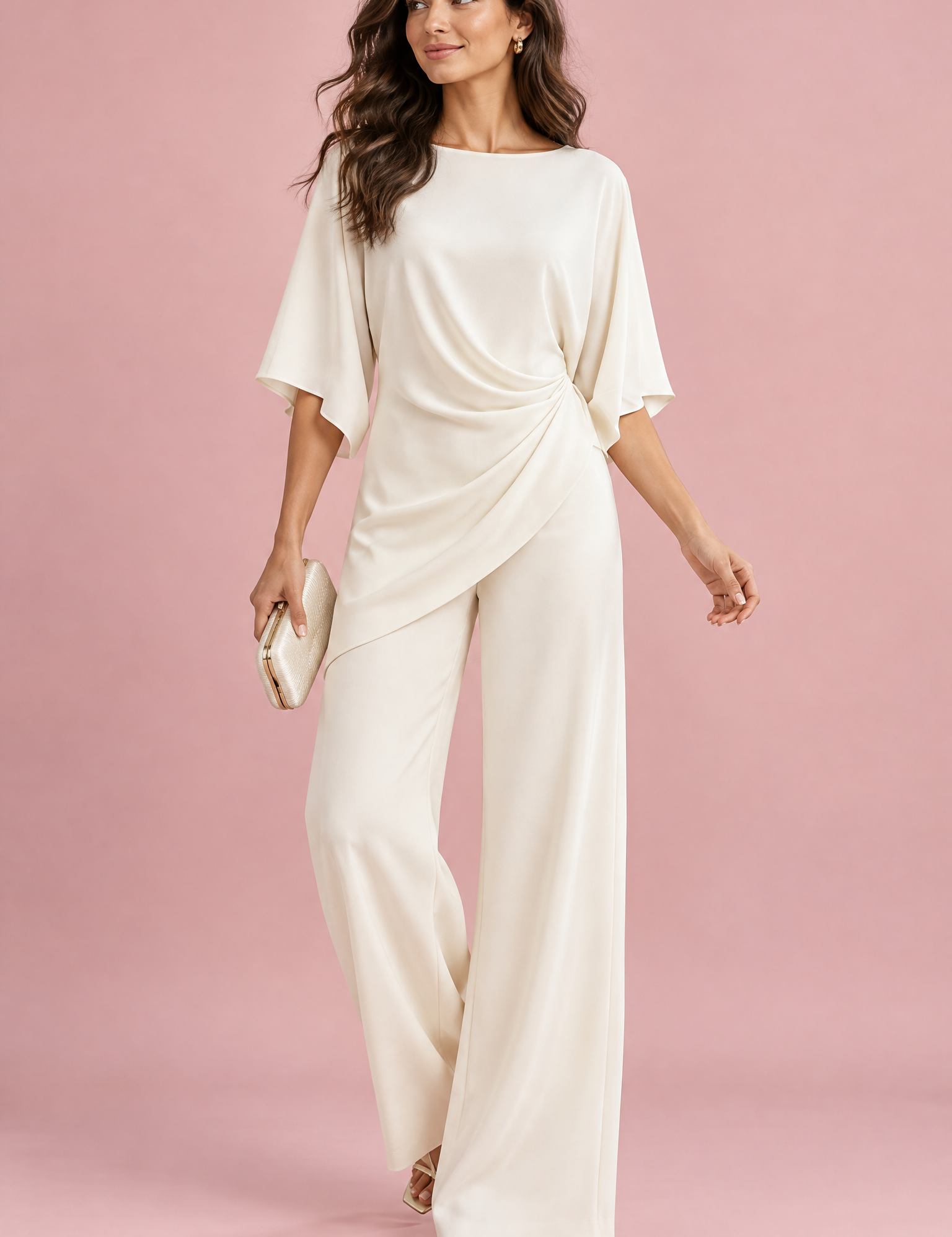Ensemble pantalon blanc cassé plissé effet portefeuille | Vue de face | Lounelle Paris