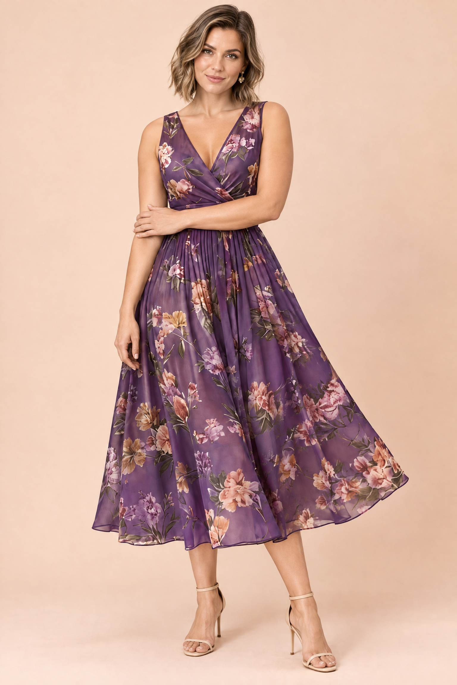 Robe midi violette à imprimé de bouquets floraux, col carré et coupe trapèze | Porté sur une autre silhouette | Lounelle Paris
