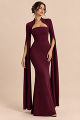Abito lungo bordeaux con scollo quadrato e maniche a mantella