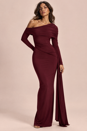 Robe longue bordeaux asymétrique à fronces et drapé | Vue de face | Lounelle Paris