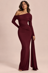 Abito lungo bordeaux asimmetrico monospalla con drappeggio