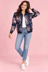 Giacca bomber blu navy aderente con stampa floreale