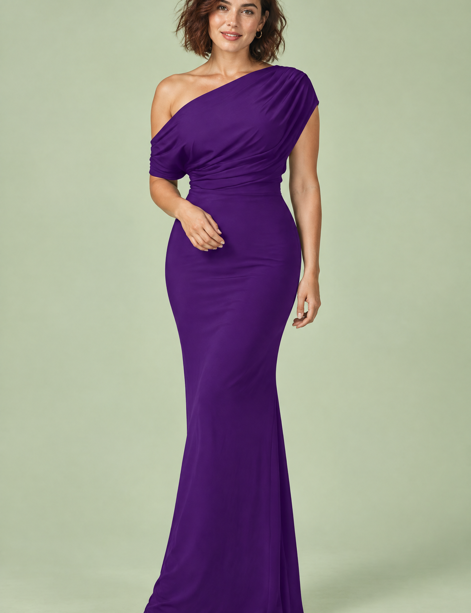 Robe longue violette à encolure Bardot et bretelle torsadée | Vue de face | Lounelle Paris
