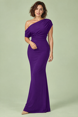 Abito lungo viola con scollo Bardot e spallina attorcigliata