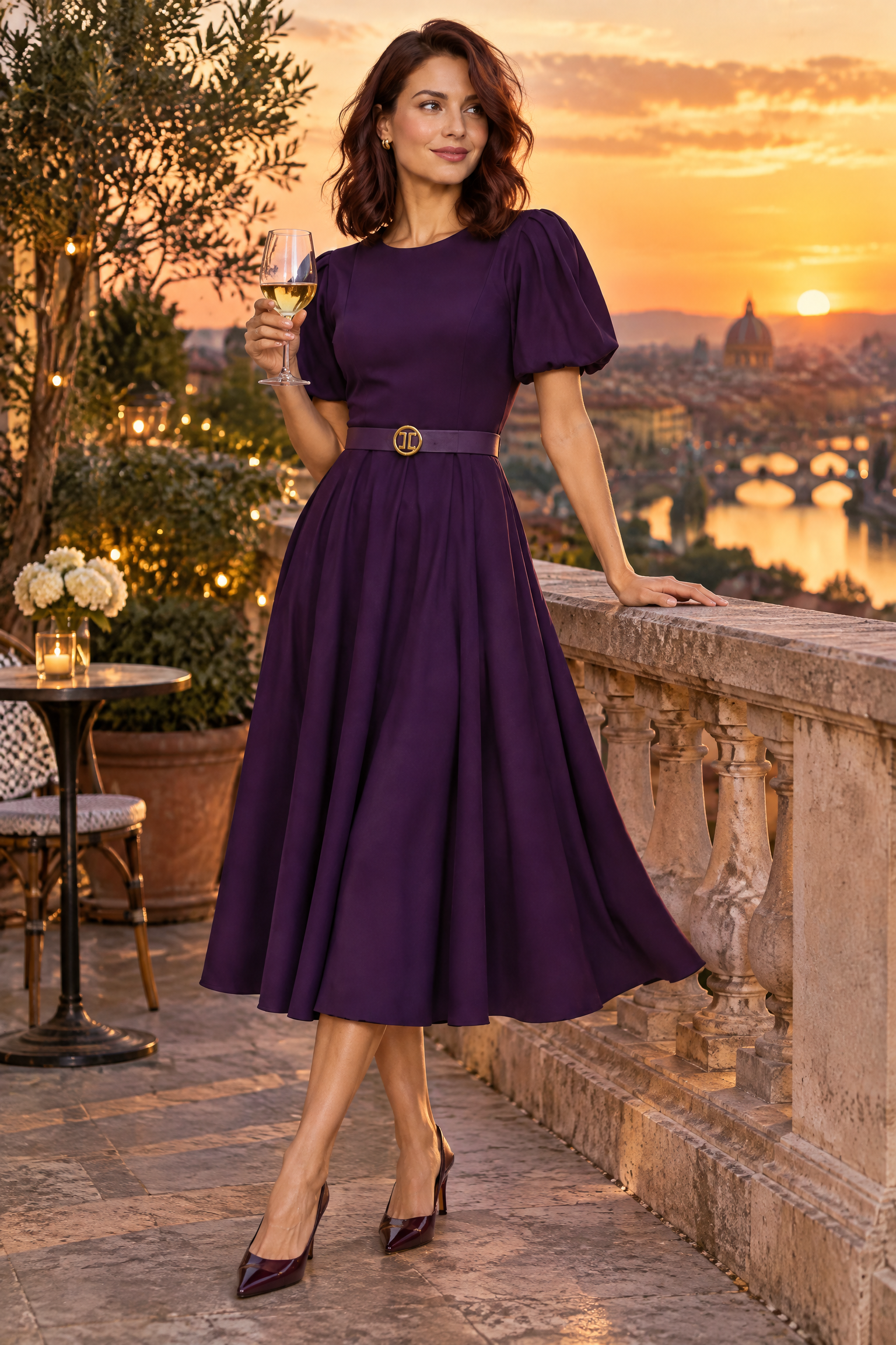 Robe midi violette à col montant et manches bouffantes | Deuxième photo lifestyle | Lounelle Paris