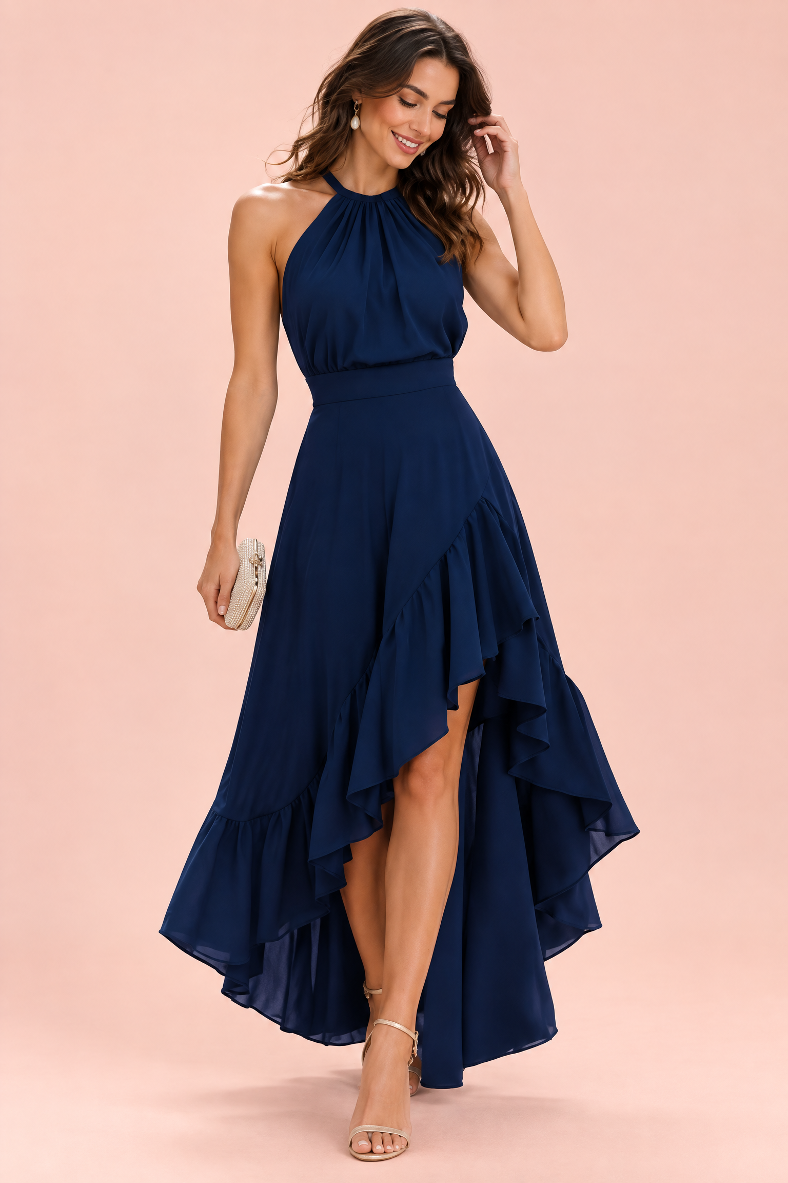 Robe bleu marine à volants asymétriques et encolure dos nu | Vue de face | Lounelle Paris