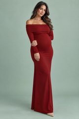 Abito maxi premaman bordeaux in mesh arricciato con scollo Bardot