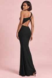 Robe longue noire asymétrique à jupe portefeuille | Vue de dos | Lounelle Paris