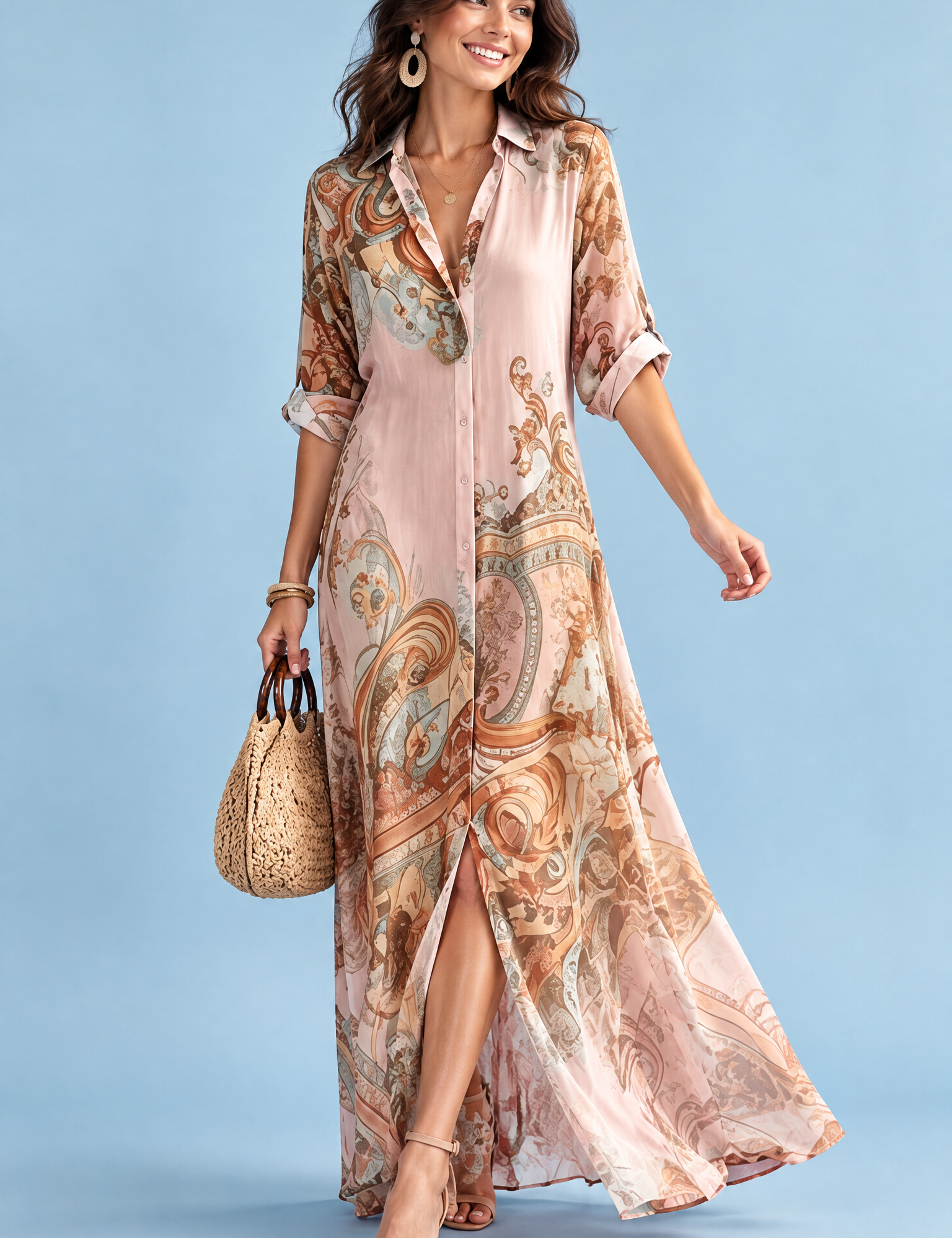 Robe-chemise midi imprimée rose | Vue de face | Lounelle Paris