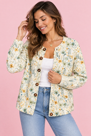 Cardigan fleuri boutonné blanc cassé | Vue rapprochée | Lounelle Paris