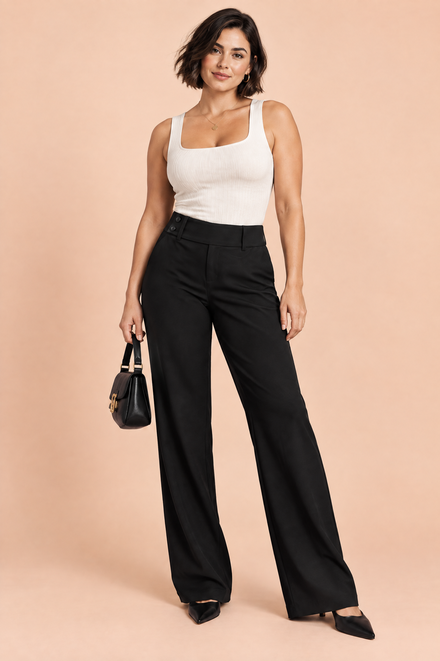 Pantalon noir large à taille basse | Porté sur une autre silhouette | Lounelle Paris