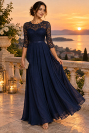 Robe longue bleu marine à empiècement en dentelle | Deuxième photo lifestyle | Lounelle Paris
