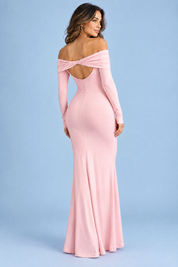 Robe longue rose asymétrique à fronces et drapé | Vue de dos | Lounelle Paris