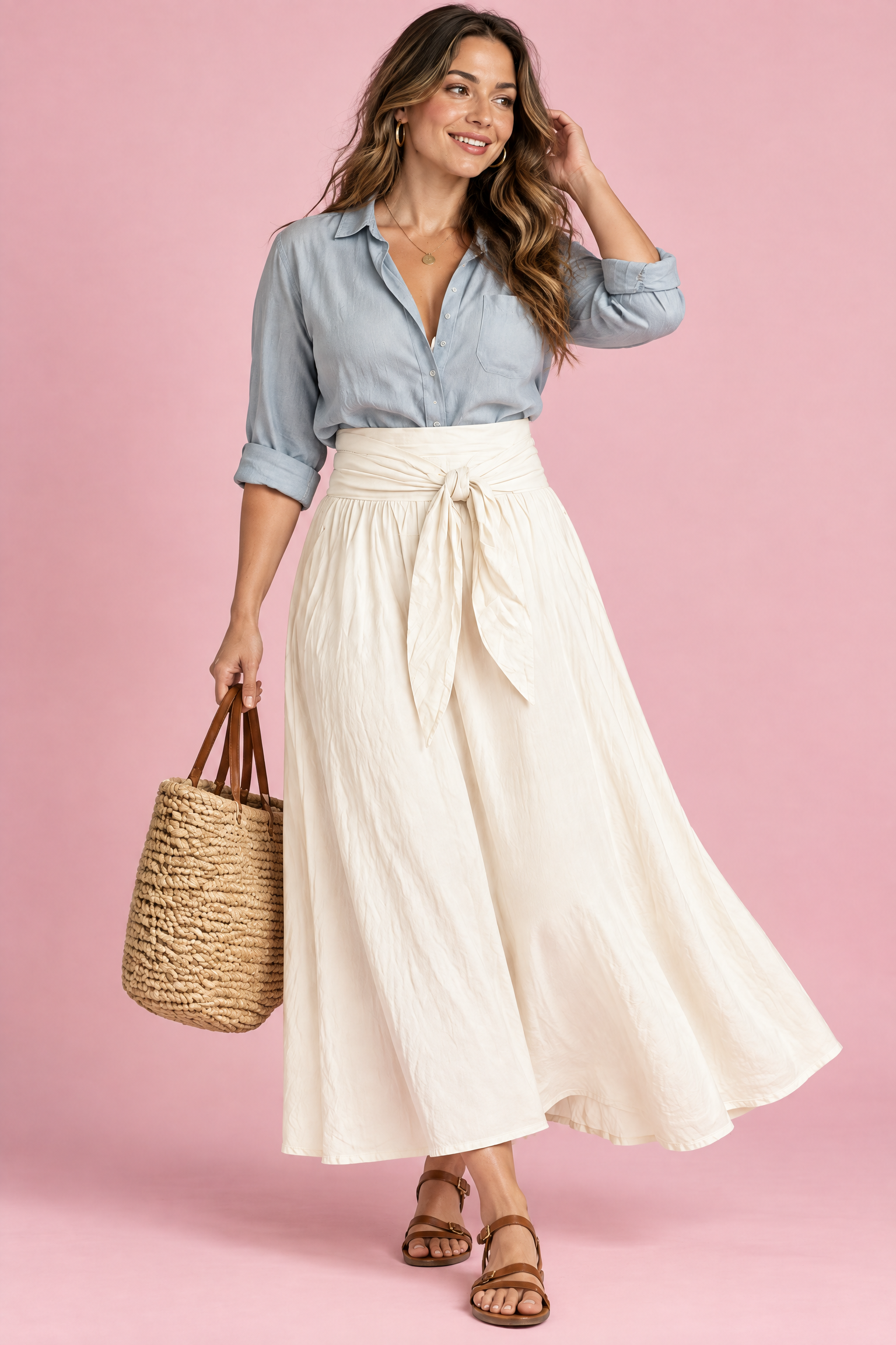 Ensemble chemise et jupe longue blanc cassé à taille nouée | Porté sur une autre silhouette | Lounelle Paris