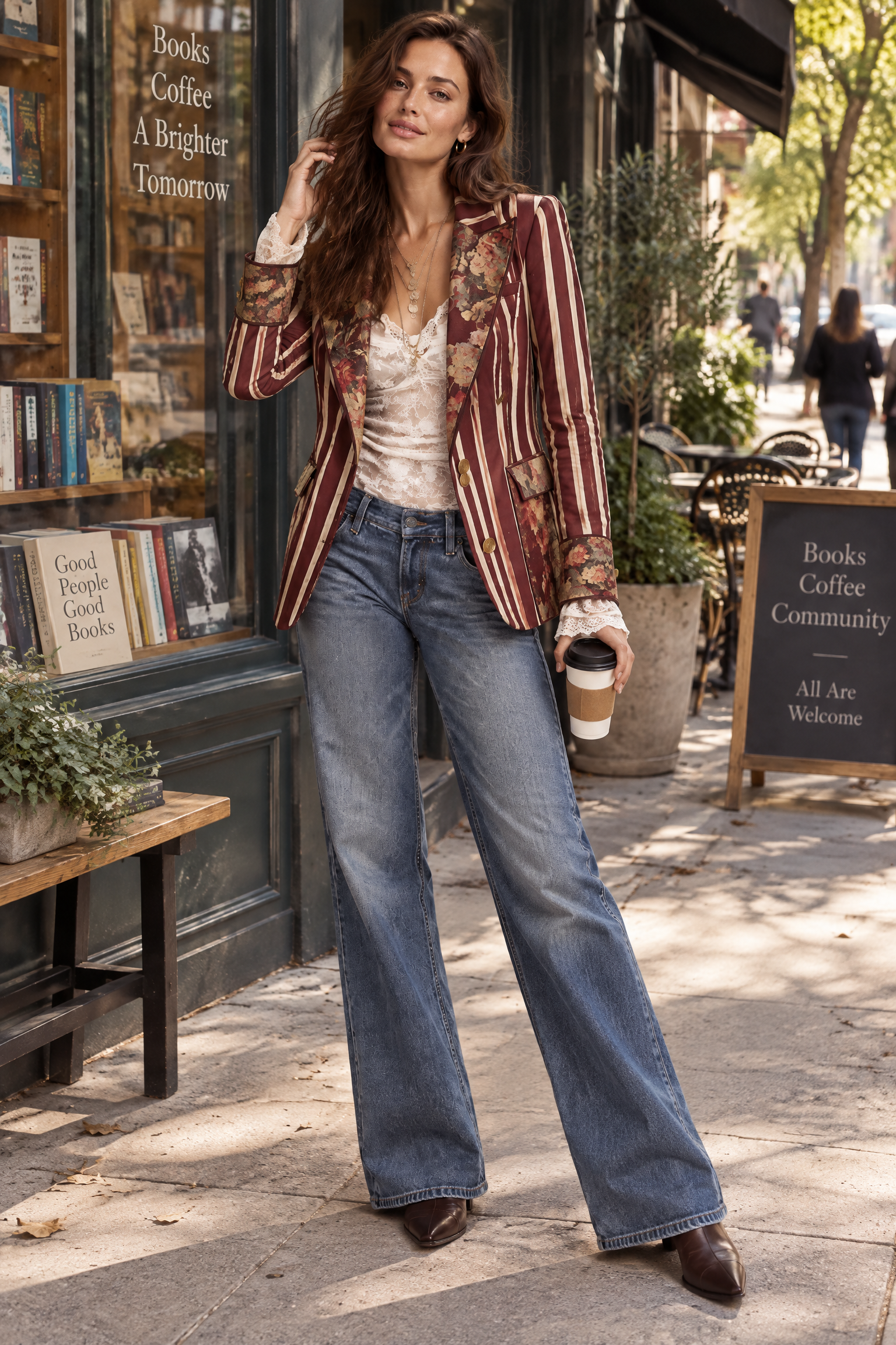 Blazer ajusté rouge à fleurs et rayures | Photo lifestyle | Lounelle Paris
