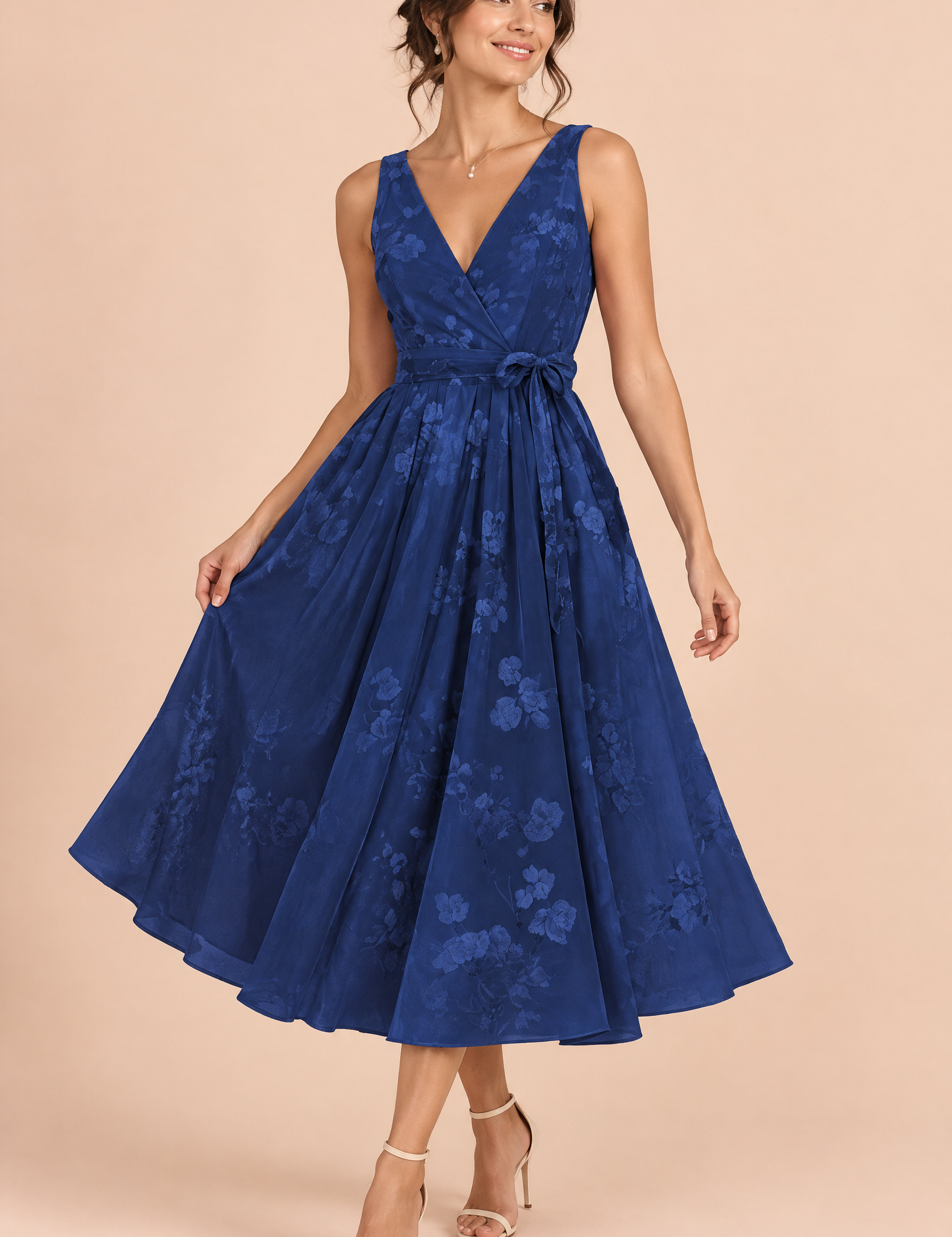 Robe midi fleurie bleu marine à la coupe patineuse | Vue de face | Lounelle Paris