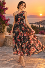 Robe longue fleurie noire à une épaule, coupe trapèze | Deuxième photo lifestyle | Lounelle Paris