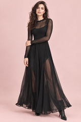 Abito lungo nero con inserti in mesh