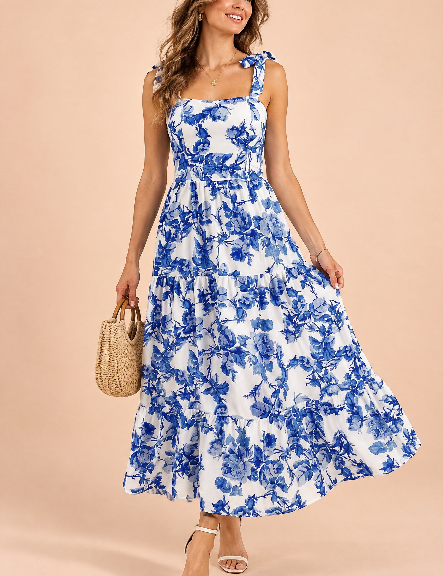Robe longue bleue à volants | Vue de face | Lounelle Paris
