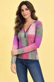 Haut rose zippé à imprimé patchwork | Vue rapprochée | Lounelle Paris