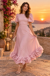 Robe longue rose à manches bouffantes et volant | Deuxième photo lifestyle | Lounelle Paris