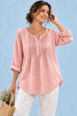 Camicia rosa in cotone con scollo rotondo e pieghe