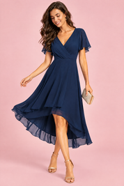 Robe bleu marine à manches volantées et ourlet asymétrique | Vue en mouvement | Lounelle Paris