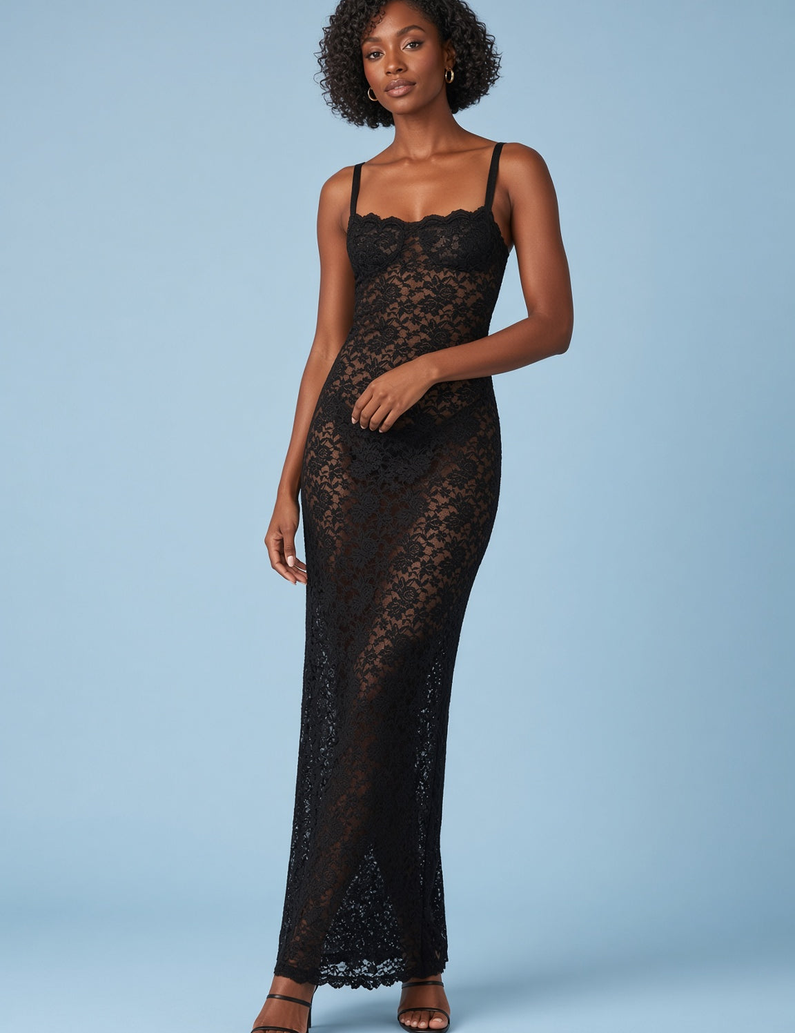 Robe midi moulante en dentelle noire | Vue de face | Lounelle Paris