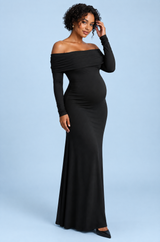 Abito maxi premaman nero in mesh arricciato con scollo Bardot