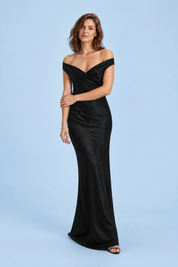 Robe longue froncée noire épaules dénudées | Vue de face | Lounelle Paris