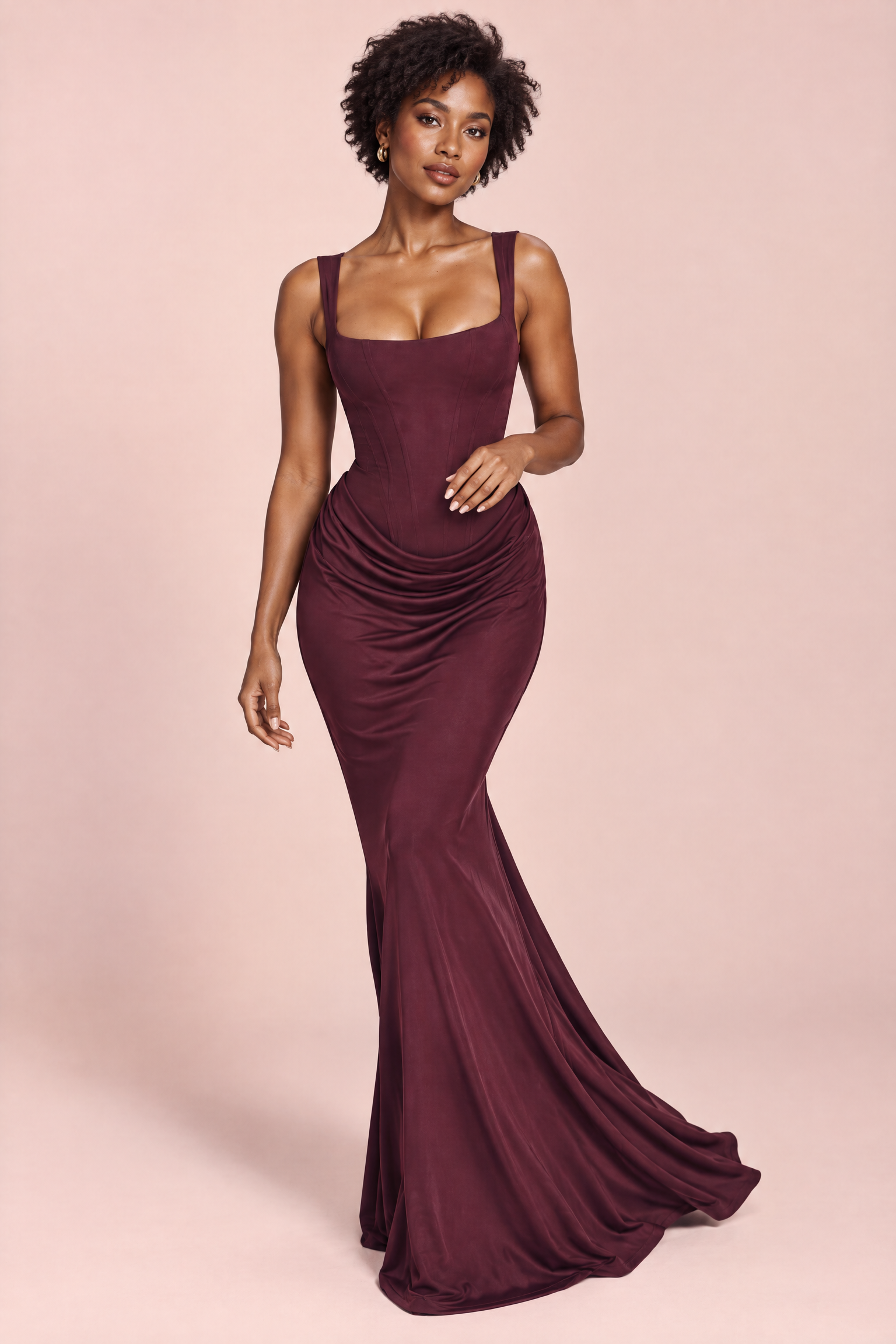 Robe longue magenta froncée à encolure carrée | Vue en mouvement | Lounelle Paris