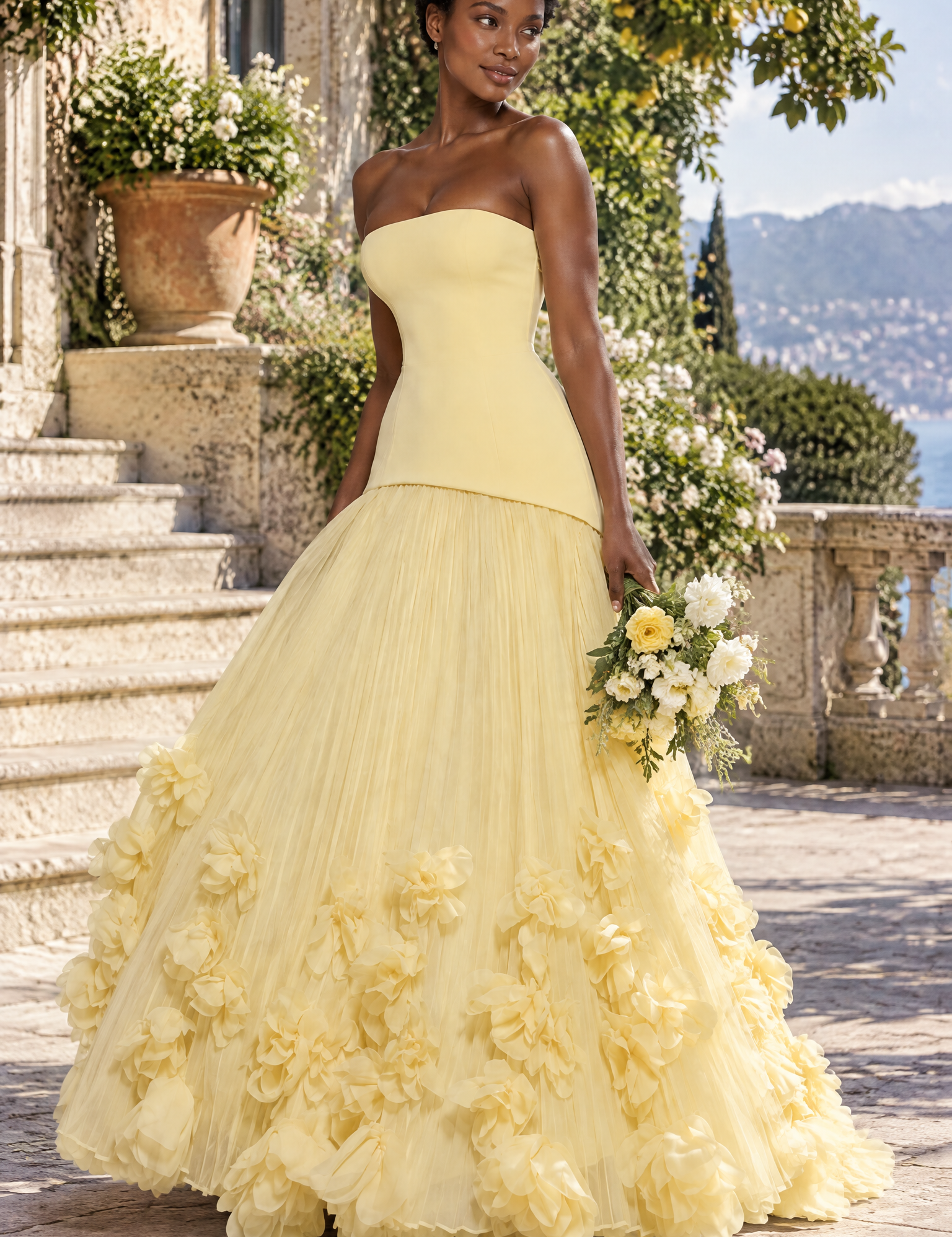 Robe longue bustier plissée jaune | Photo lifestyle | Lounelle Paris