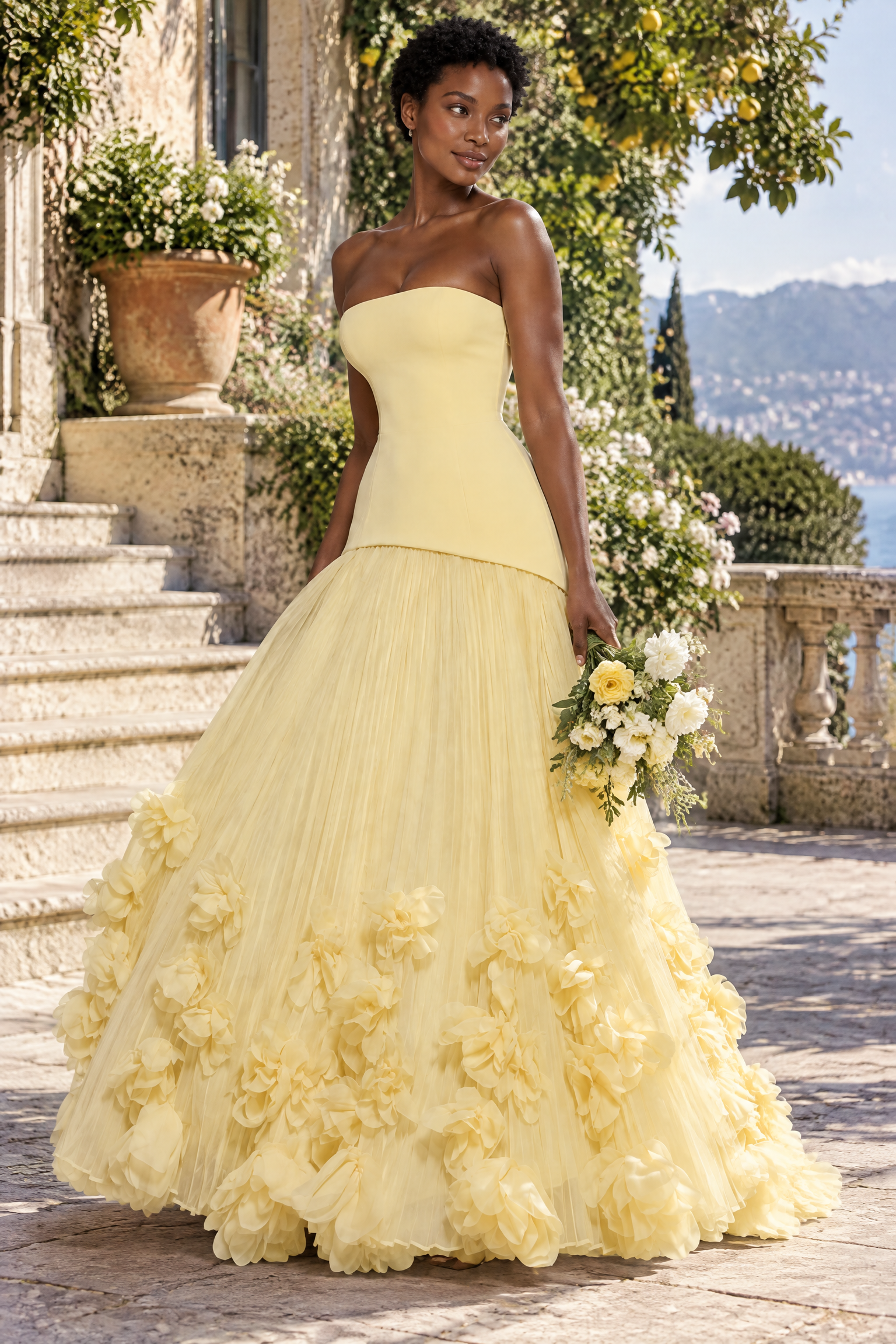 Robe longue bustier plissée jaune | Photo lifestyle | Lounelle Paris
