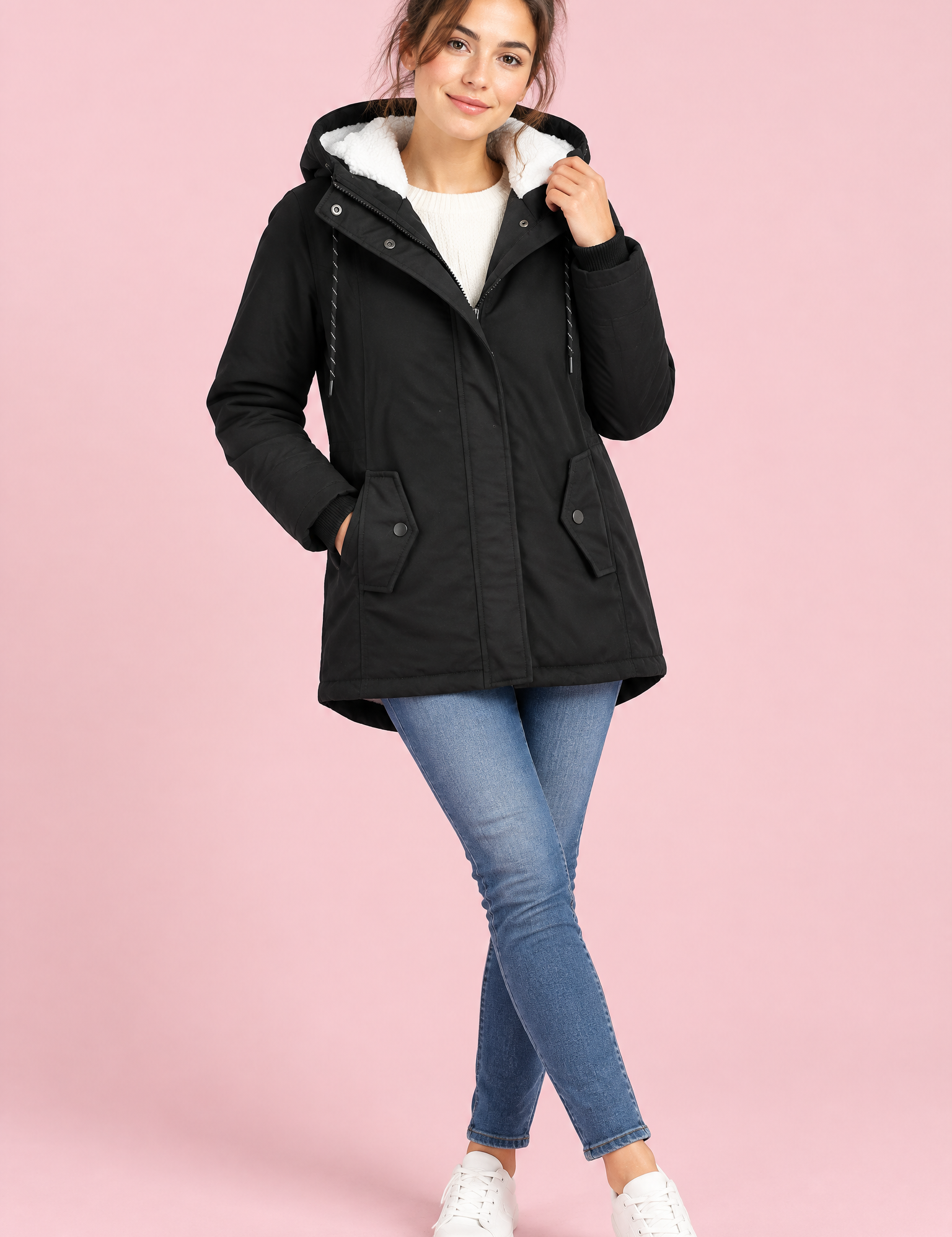 Parka noire oversize à capuche | Vue de face | Lounelle Paris