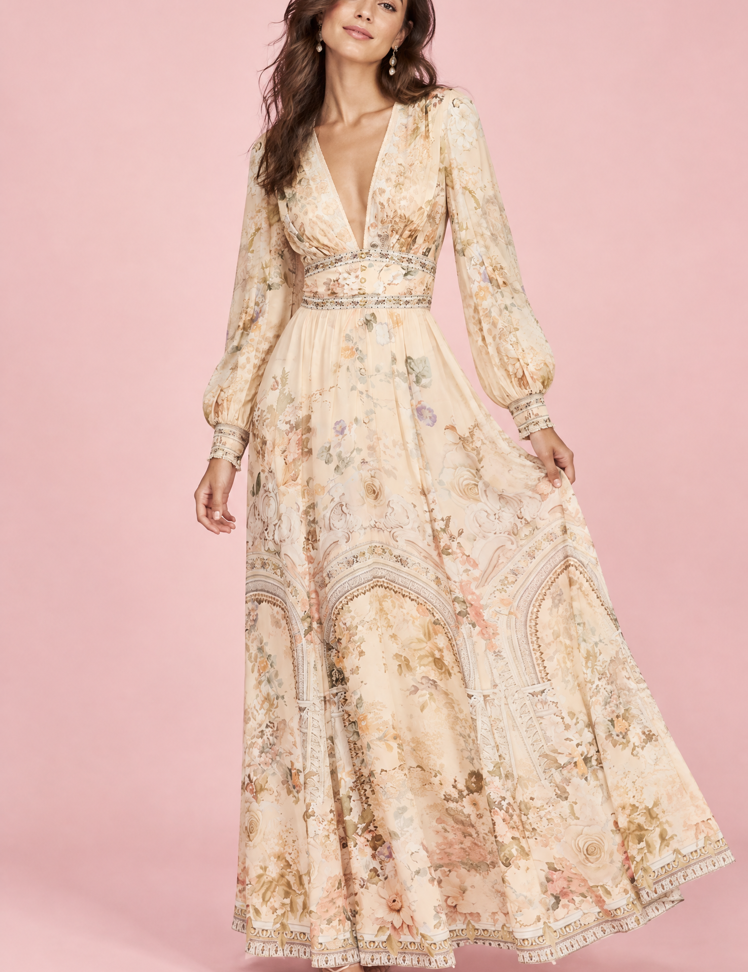 Robe longue écrue à col V et manches bouffantes | Vue de face | Lounelle Paris