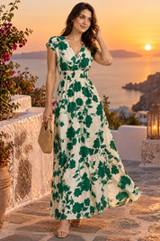 Robe longue verte à fleurs et taille smockée | Deuxième photo lifestyle | Lounelle Paris