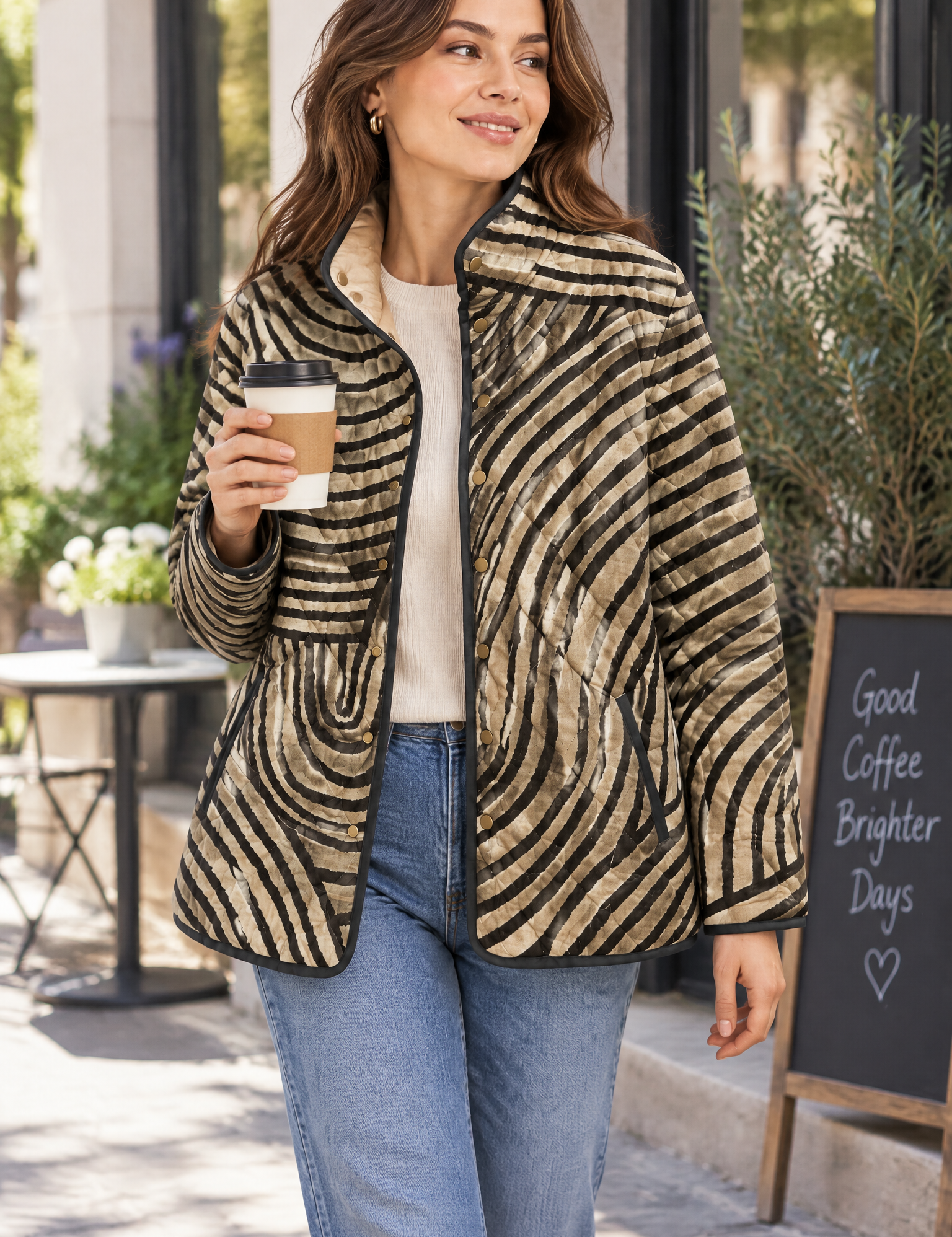 Veste matelassée beige à col montant | Photo lifestyle | Lounelle Paris
