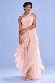 Robe rose clair asymétrique à volants | Porté sur une autre silhouette | Lounelle Paris