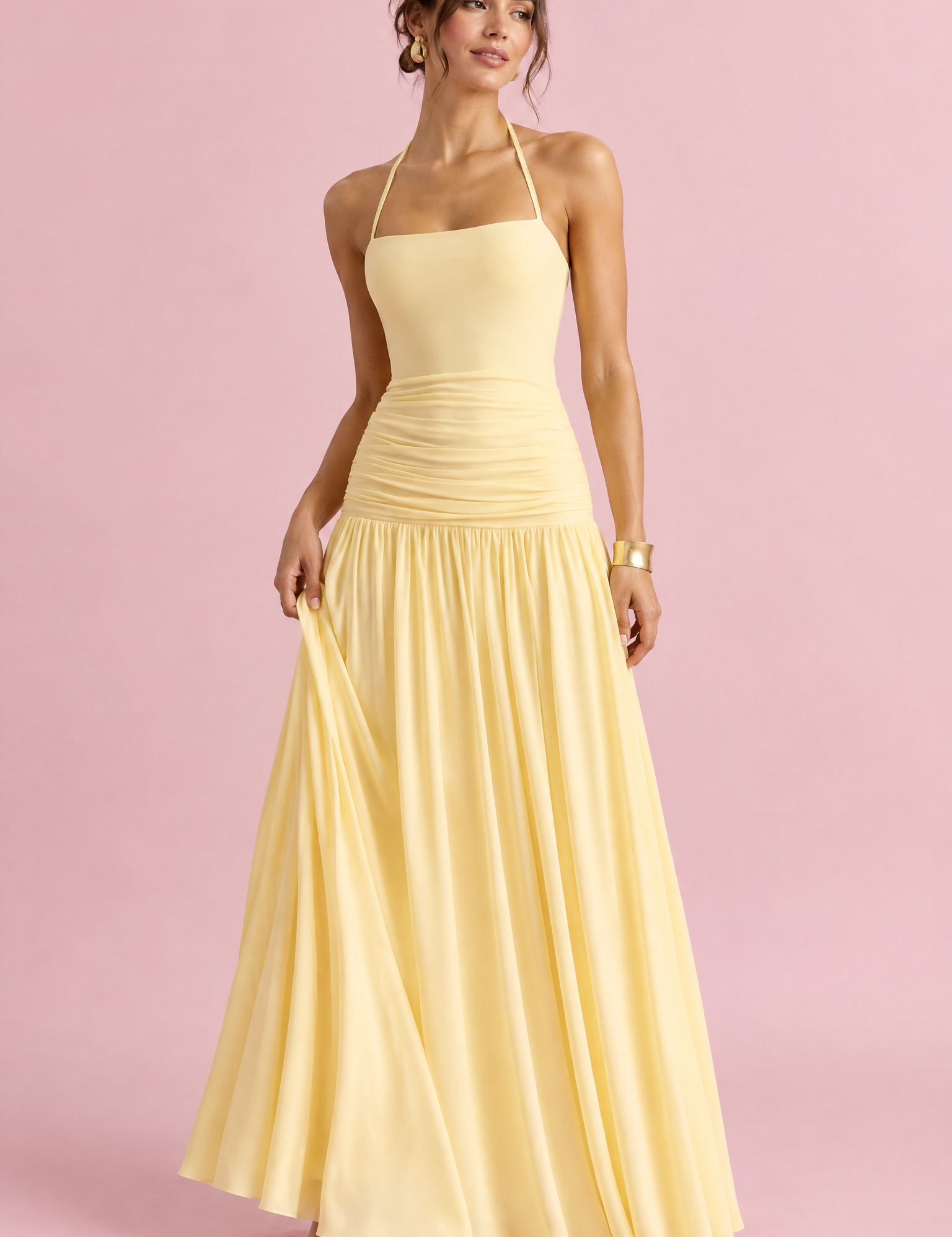 Robe longue jaune clair à encolure carrée et fronces | Vue de face | Lounelle Paris