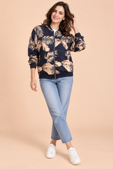 Giacca bomber blu mare aderente con stampa floreale