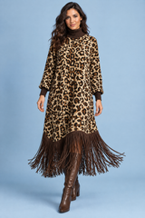 Abito maxi leopardato con frange