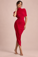 Abito midi rosso asimmetrico con mantella attorcigliata